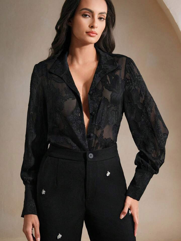 Charming Micro-Sheer Jacquard Pattern Turtleneck Blouse Women | SHEIN