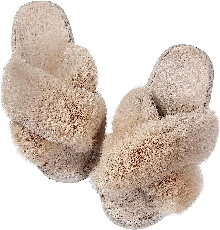 Comwarm Women's Soft Plush Lightweight Cross Band Open Toe Slippers | Amazon (US)