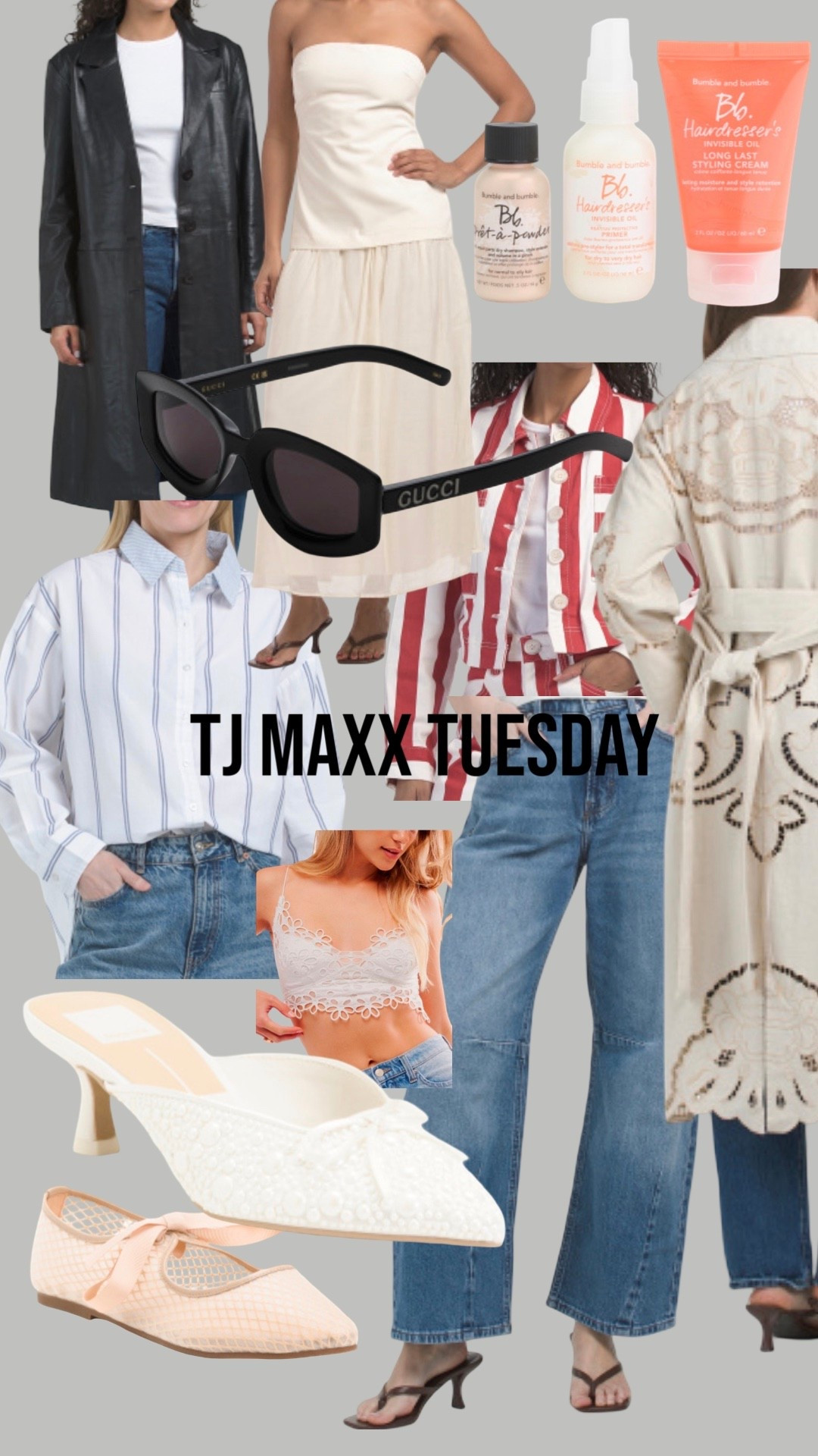 Tj Maxx new arrivals! 
Dressy white mule, ballet flat, red striped jacket, leather trench, cutwork trench, Gucci black sunglasses, barrel denim, 3 piece BB hair styling set, free people bralette, tube dress 

#LTKWorkwear #LTKSaleAlert #LTKSeasonal