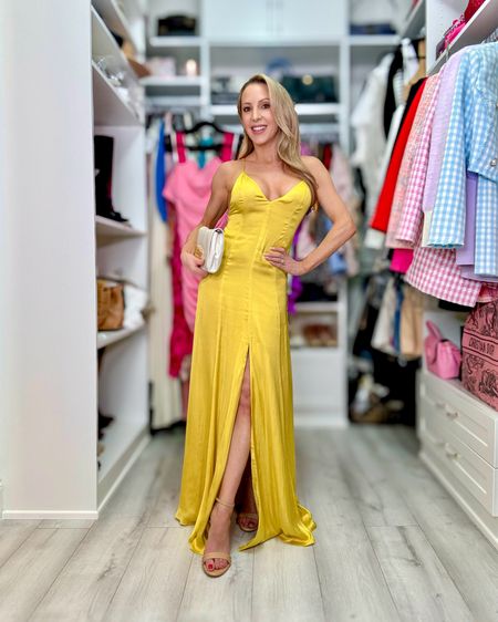 Summer wedding guest dress for formal black tie wedding guest, beach wedding guest dress or destination wedding guest dress. This yellow satin gown is giving Kate Hudson 10 things I hate about you vibes, has adjustable straps and glides when you walk ☀️ 

#LTKParties #LTKStyleTip #LTKWedding