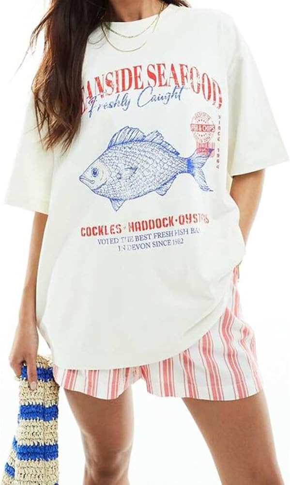 Y2k Women Lobster Graphic Oversized Tee Shirt Baggy Vintage Crayfish Sardine Print T Shirts for T... | Amazon (US)