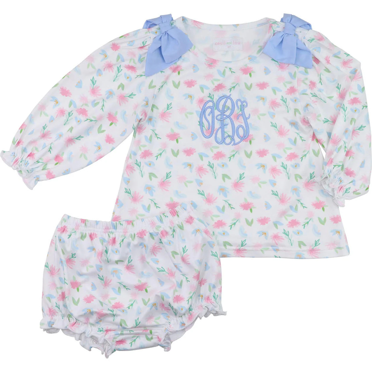 Pink And Blue Floral Knit Bow Diaper Set | Cecil and Lou