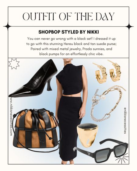 Shopbop 
Black maxi skirt 
Maxi skirt set 
Black set 
Black leather pumps 
Ootd 
Outfit of the day 
Gold and black ring 
Two time jewelry 
Mixed metals 
Gold hoops 
Prada sunglasses 
Two tone purse 
Black and tan purse 
Lather and suede purse 
Checkered purse 

#LTKHoliday #LTKSeasonal #LTKstyletip