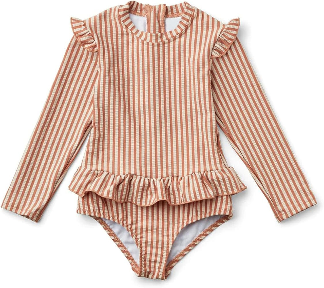 HOMILLE Girls Rash Guard Swimsuit One Piece Long Sleeve Striped Toddler Girl Full Cover Ruffle Ba... | Amazon (US)
