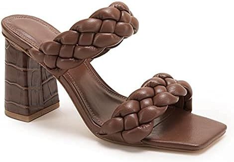 Womens Braided Heeled Sandals Backless Square Open Toe Block Strappy Slip On Slide Shoes | Amazon (US)