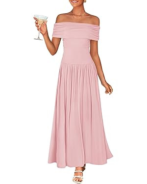 ZESICA Women's Off The Shoulder Maxi Dress 2025 Summer Sleeveless Casual Slim Swing Pleated Forma... | Amazon (US)