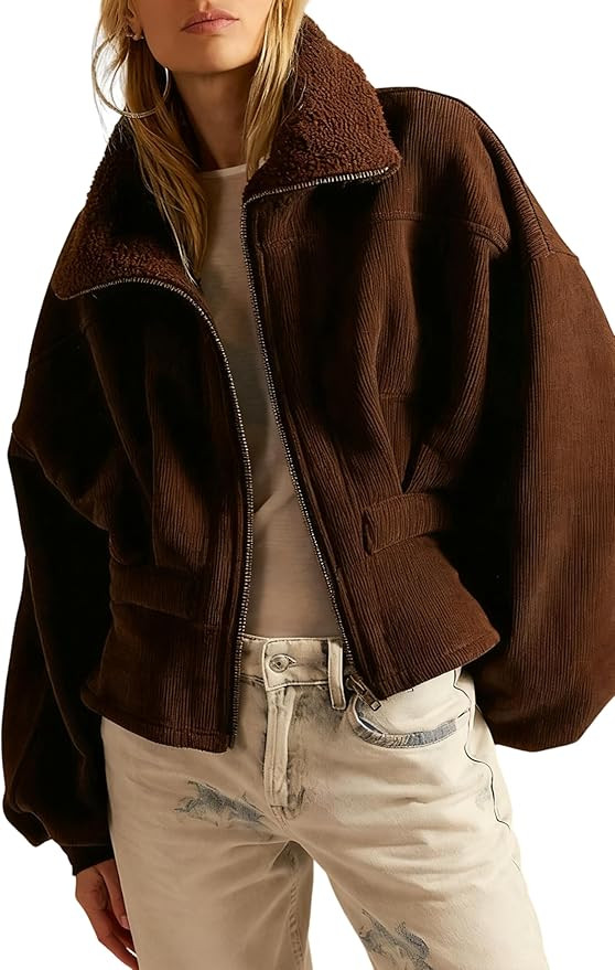 Women's Casual Fleece Collar Corduroy Jacket Oversized Zip Up Outerwear with Waist Pleats | Amazon (US)