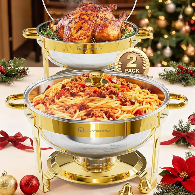 WARMOUNTS Gold Chafing Dishes for Buffet 2 Pack, 5QT Stainless Steel Round Chafers and Buffet War... | Amazon (US)