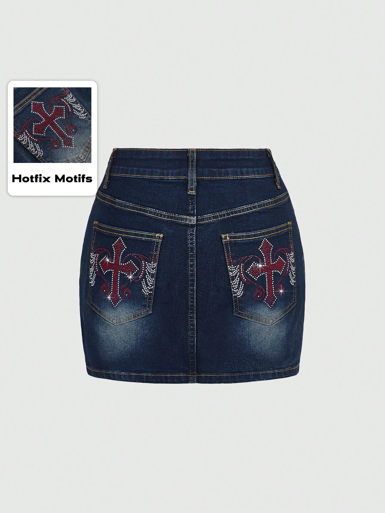ROMWE Grunge Punk Y2K Vintage Cropped Denim Mini Skirt With Pocket, Cross & Wing Rhinestone Decor... | SHEIN