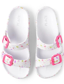 Girls Paint Splatter Print Buckle Slides | The Children's Place  - WHITE | The Children's Place