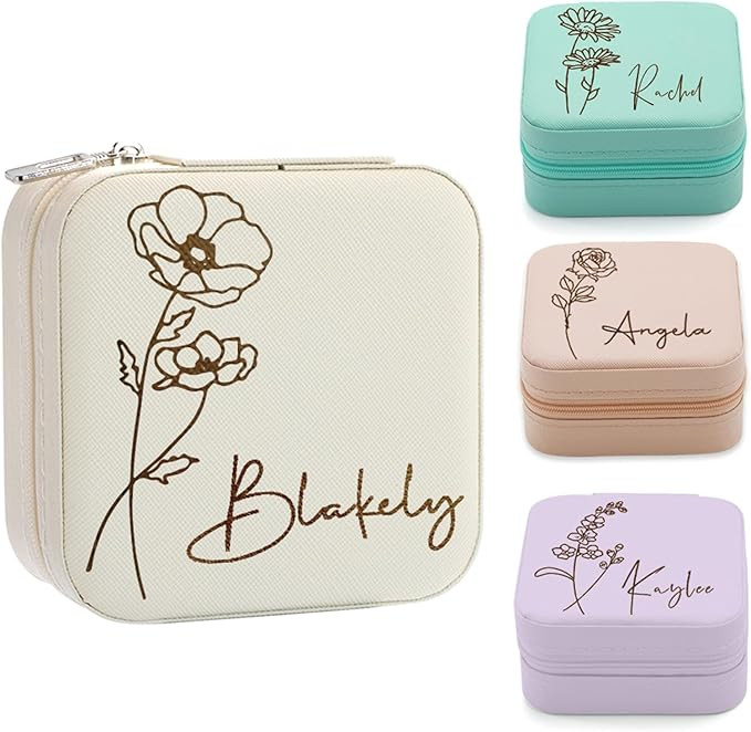 Yofair Personalized Jewelry Box with Birth Flower Bridesmaid Gifts Custom Leather Travel Jewelry ... | Amazon (US)