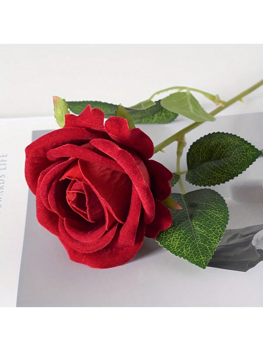 Trends1pc Artificial Single Stem Rose Flower For Valentine''s Day, Plush Velvet Rose Simulation | SHEIN