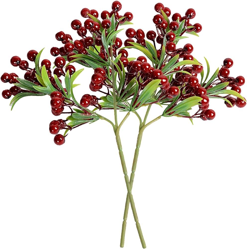 IUIBMI 4 Pack Artificial Red Berry Stems Branches 13.8 Inch Fake Burgundy Berry Picks, Faux Holly... | Amazon (US)