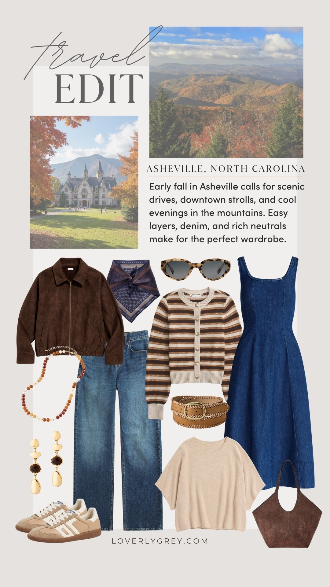 Asheville in the fall 🍂 Easy layers, rich neutrals & denim staples for a mountain weekend.

Loverly Grey, Asheville outfits, fall travel outfits, fall fashion, Walmart fashion, Abercrombie, fall layers, denim dress, suede jacket, fall cardigan, wide leg jeans, neutral outfits, fall accessories, travel style, mountain weekend outfits