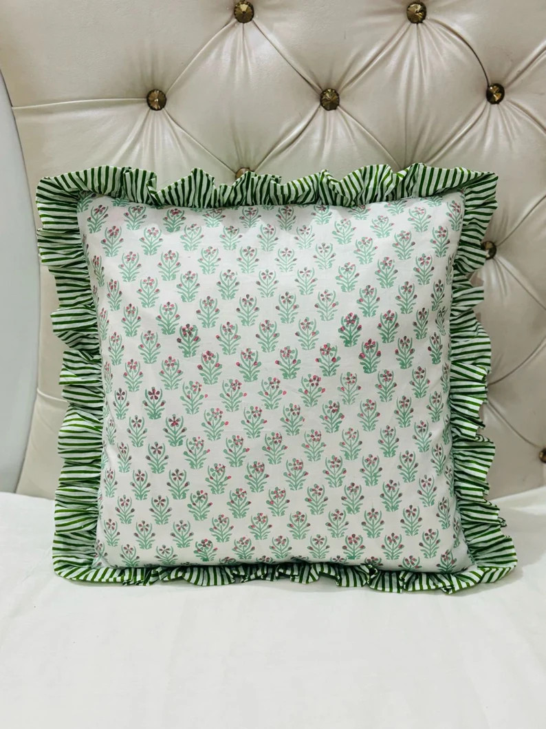 Block Print Boho Cushion Cover With Frill Handmade Cotton Bed Throw Pillows, Bohemian Pillow Cush... | Etsy (US)