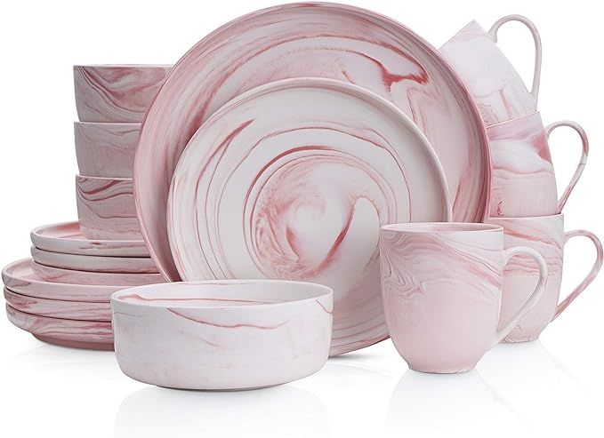 Stone Lain Marble Porcelain Dinnerware Set, 16 Piece Service for 4, Matte Pink | Amazon (US)