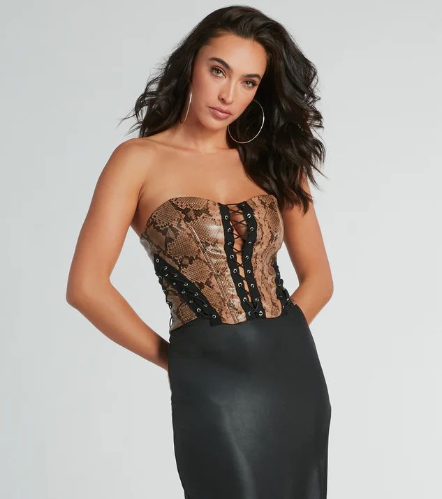 Snake Skin Tight Lace-Up Faux Leather Corset Top | Windsor Stores