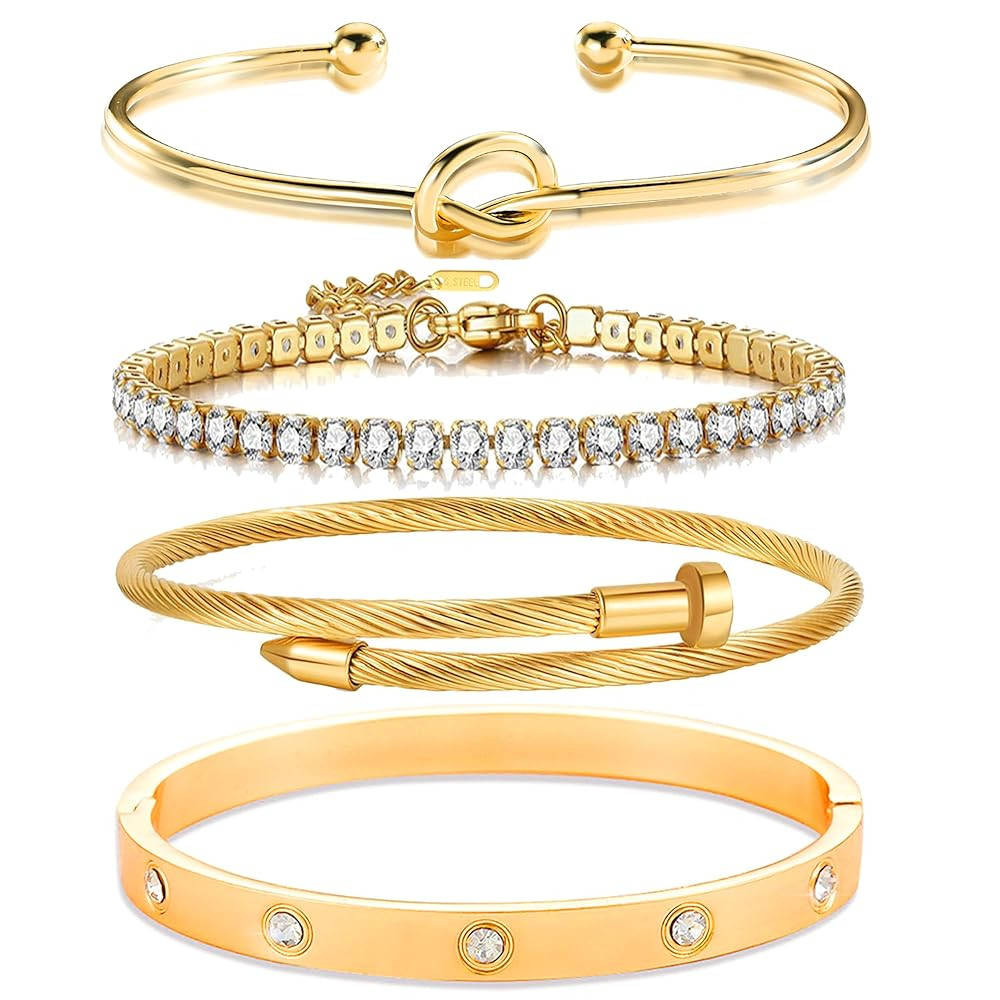 Lamdo 18K Nail Love Bangle Bracelet Set, Cubic Zircon Stacked Flexible Wide Wristband for Women -... | Amazon (US)