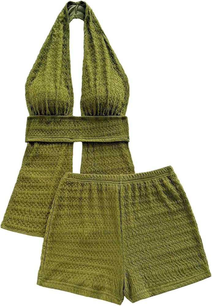 Milumia Women's 2 Piece Outfit Textured Split Backless Y2k Halter Top and Shorts Set | Amazon (US)
