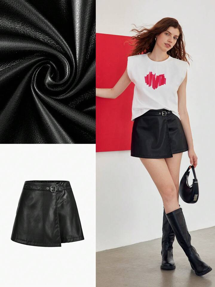 MOTF STUDIO PU LEATHER BUCKLE WAIST SKORT | SHEIN