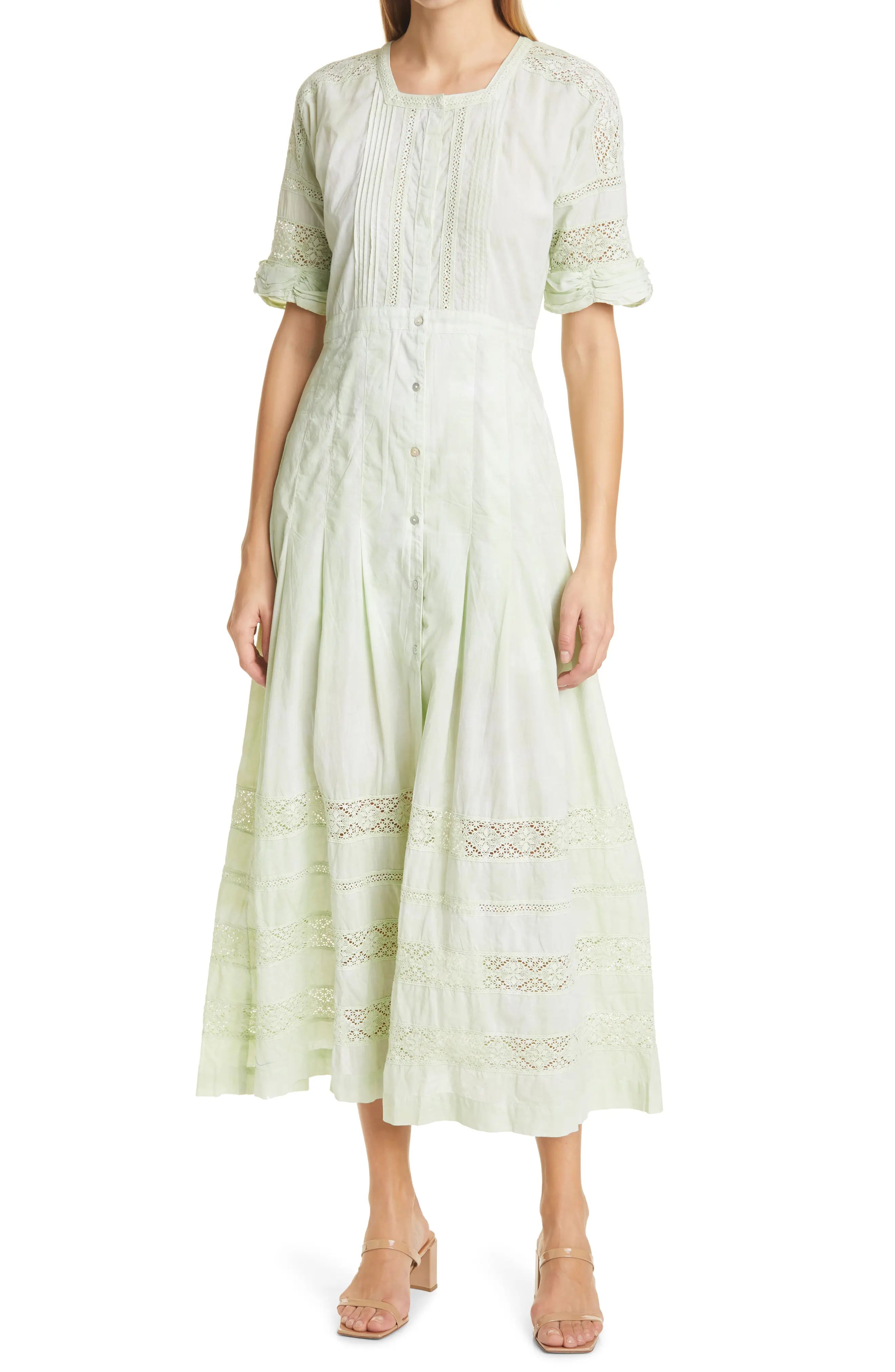 LoveShackFancy Edie Lace Inset Midi Dress in Moss Green Hand Dye at Nordstrom, Size Large | Nordstrom