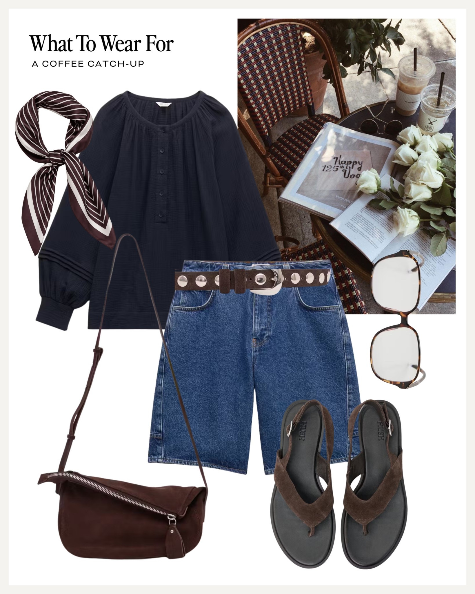 A coffee date ☕️ 

Spring outfit, denim shorts, navy blouse, silk neck scarf, sandals, hush new in 

#LTKspring #LTKuk #LTKsummer
