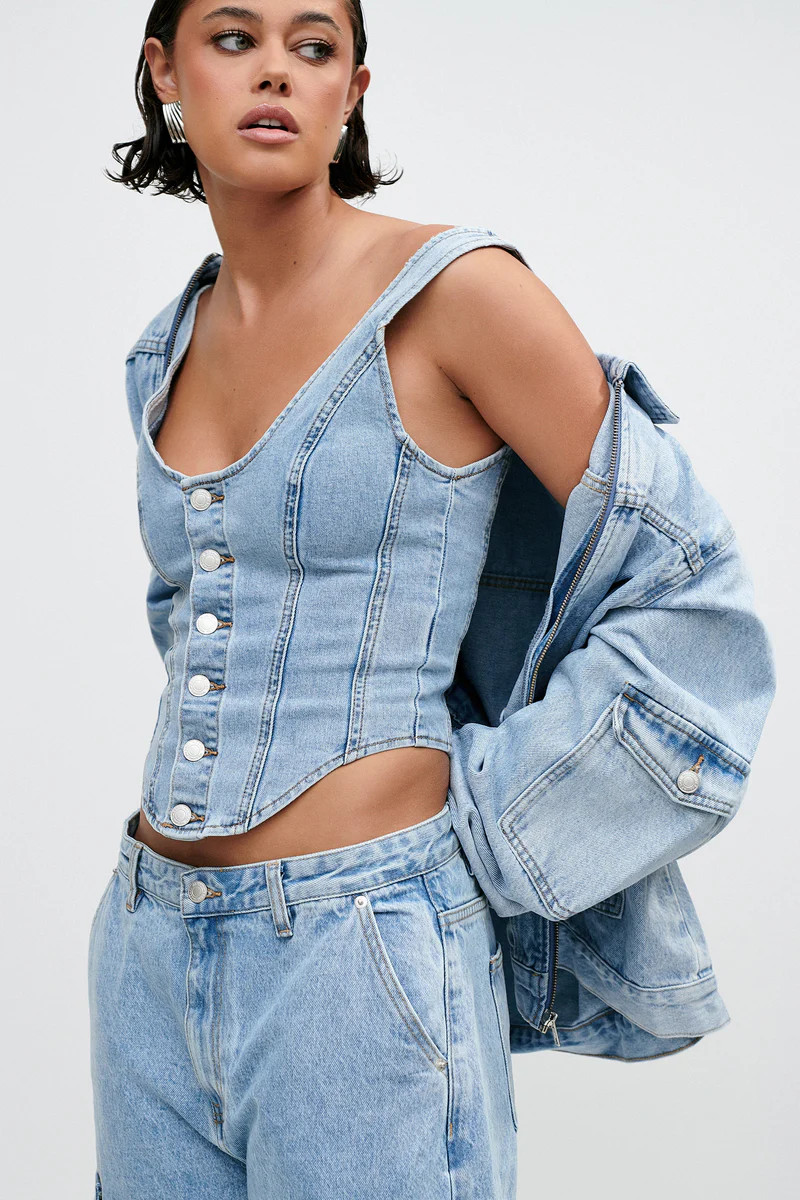 Leilani Corset Denim Top - Mid Blue | MESHKI US
