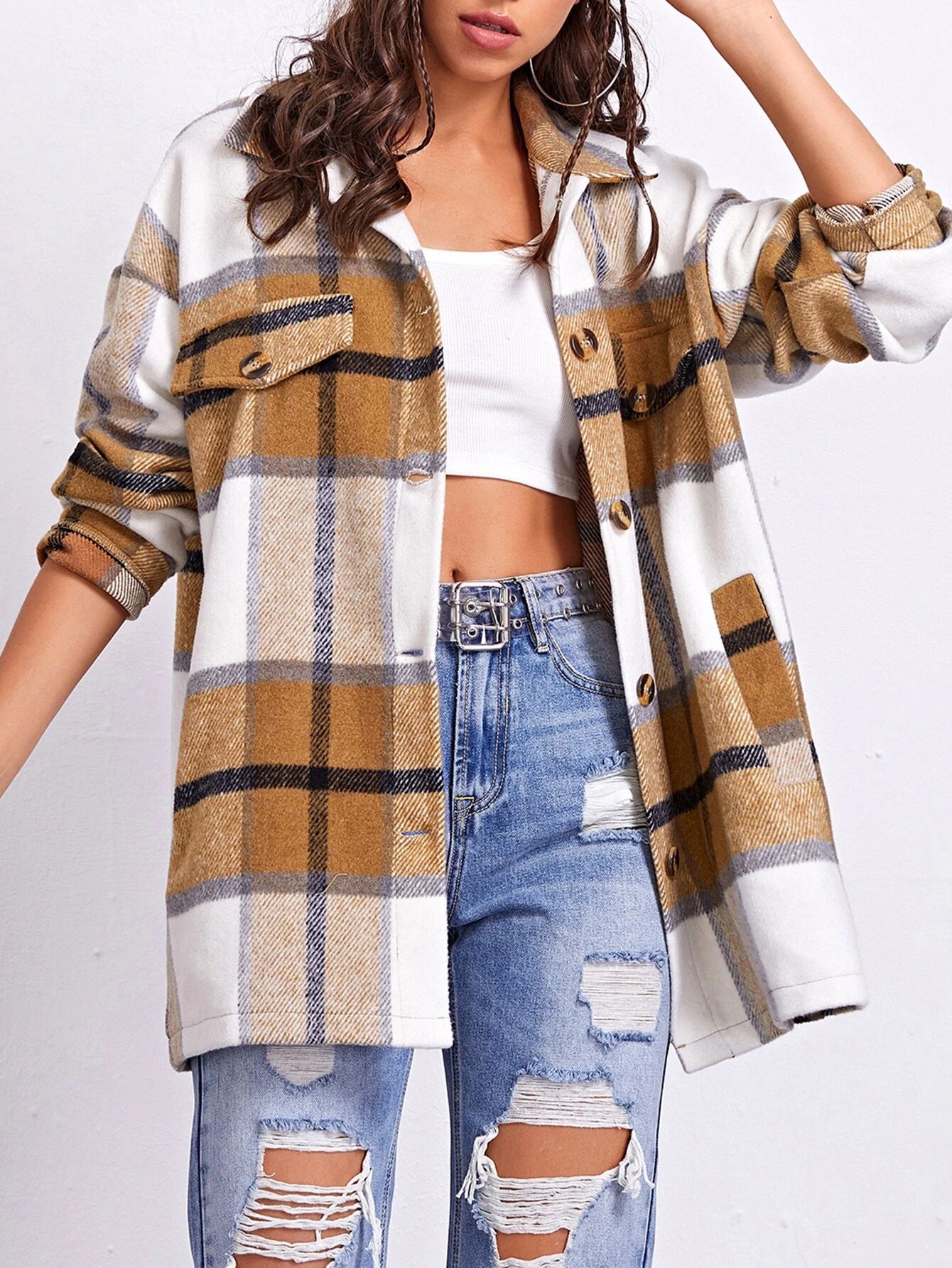 Drop Shoulder Buttoned Plaid Overcoat | SHEIN