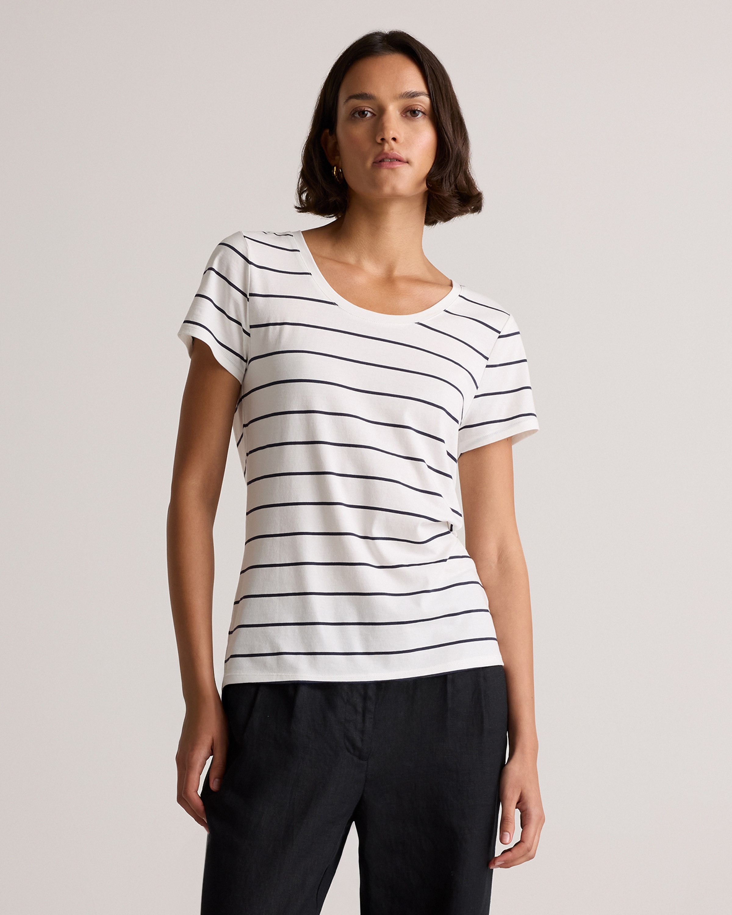 Quince | Women's Cotton Modal Scoop Neck T-Shirt in Ivory/Black Stripe, Size XS, Cotton/Modal | Quince