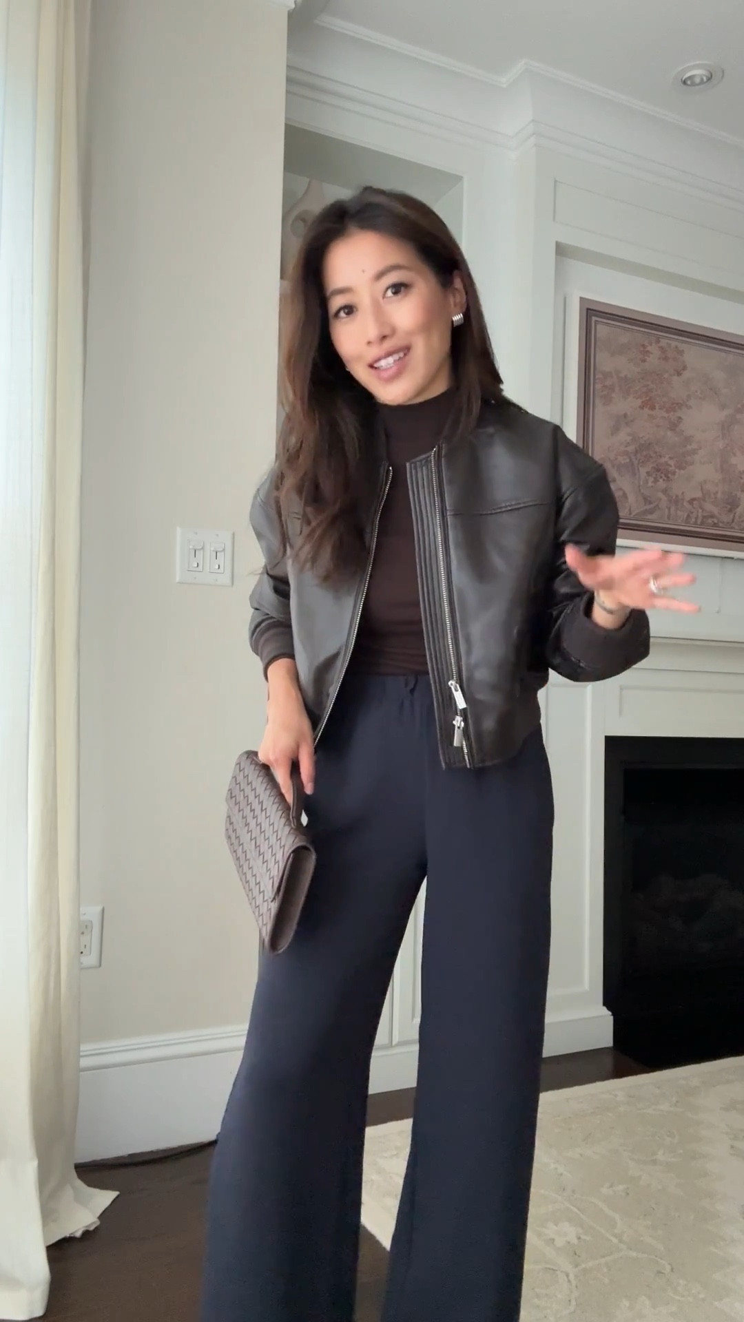 I’ve been wearing this jacket with jeans a lot and the structured cropped style feels so chic.

Also love these small, lightweight minimal earrings!

• Aritzia faux leather jacket 2XS . Def had a more structured shoulder, edgier shape to it so only if you like that. I absolutely LOVE this personally , feels edgy and petite friendly and gets lots of compliments 

• Aritzia lodge trousers 2XS short these are amazing! Drapey fluid fabric that isn’t thin , stretch waist, wrinkle resistant

• Old ribbed mockneck top - linked similar

• Madewell dimes boots 5H - runs a little narrow at the toes

• Quince handwoven top handle clutch - linked similar styles

Fall outfit, going out girls night , dinner date , elevated mom style, petite friendly#LTKCyberWeek 

#LTKSaleAlert #LTKPetite