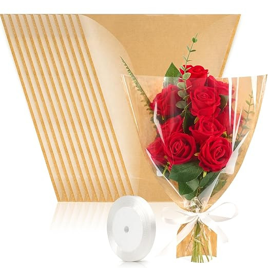 CLUEWR 50 PCS Flower Bags for Bouquets, Floral Wrapping Sleeves with Ribbons Florist Wrap Supplie... | Amazon (US)