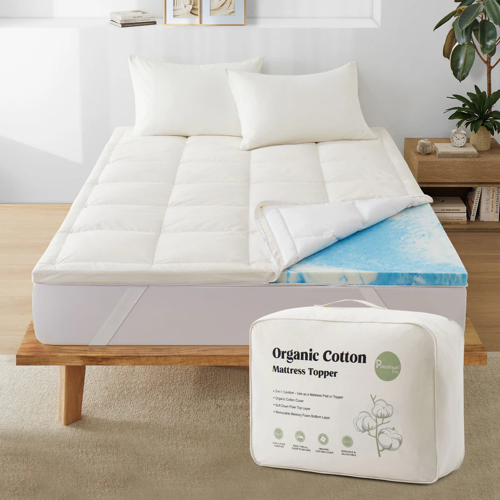 Organic Cotton Down Feather Memory Foam Mattress Topper | Puredown.Inc