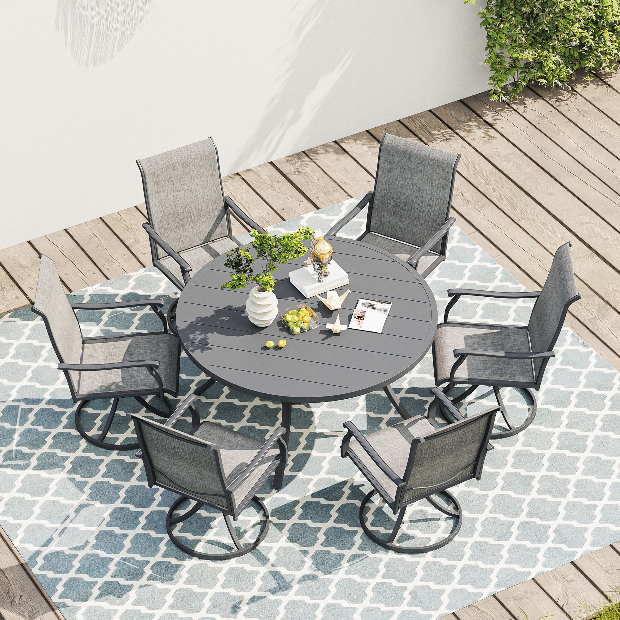 VICLLAX 7 Pieces Patio Dining Set, 6 Patio Swivel Dining Chairs and Outdoor Round Table with Umbrella Hole Outdoor Backyard Furniture Set for Outside Deck Garden, Dark Grey Table | Amazon (US)