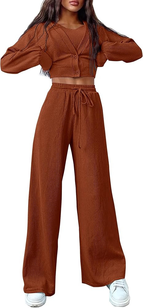 PRETTYGARDEN Womens 2023 Fall Track Suits 3 Piece Outfits Matching Sets Ribbed Knit Cardigan Crop... | Amazon (US)