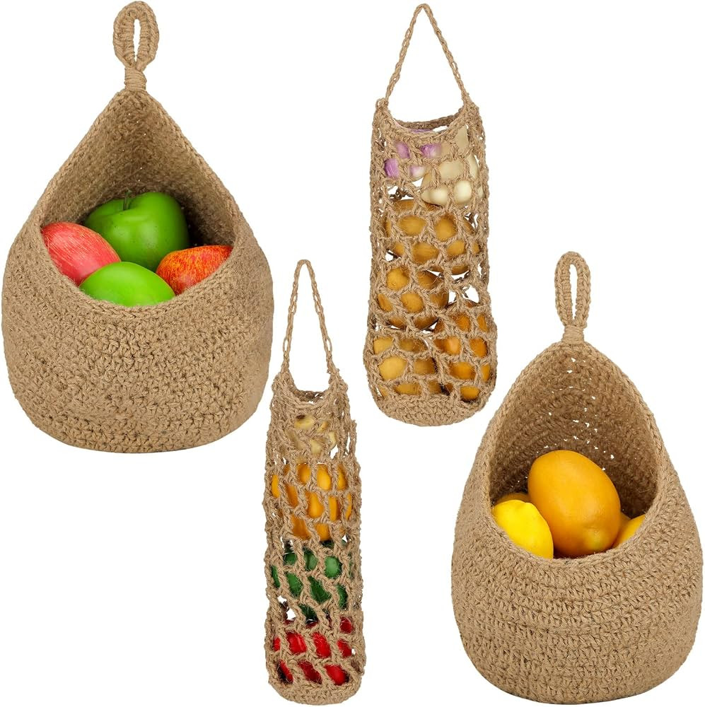 4 Pcs Jute Hanging Fruit Baskets for Kitchen Boho Hanging Wall Basket Handwoven Potato Garlic Oni... | Amazon (US)