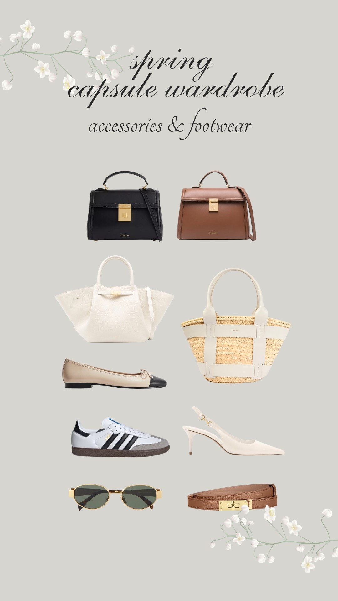 Spring Capsule Wardrobe 🌷 Accessories and Footwear edition. Black, tan and white Demellier leather bags, and a rattan straw basket bag. Cream neutrals, ballet flats and pointy heels. Adidas sambas. Celine gold sunglasses and tan belt

#LTKspring #LTKbag #LTKstyletip