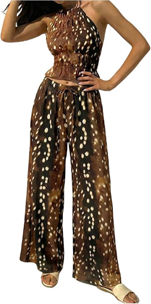 SweatyRocks Women's Polka Dots 2 Piece Outfits Tie Backless Crop Halter Top and Straight Leg Pant... | Amazon (US)