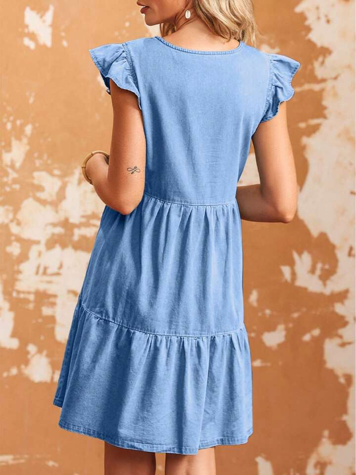 Ruffle Trim Smock Denim Dress | SHEIN