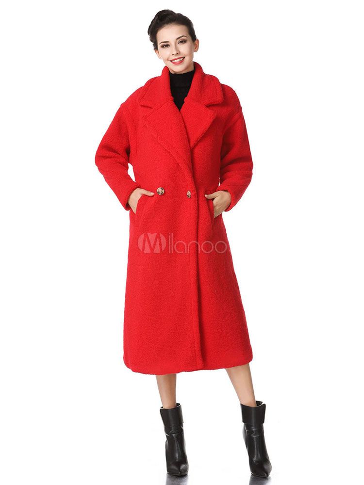 Faux Fur Coat Wool Long Sleeve Notch Collar Shearling Coat Red Winter Coat For Women | Milanoo