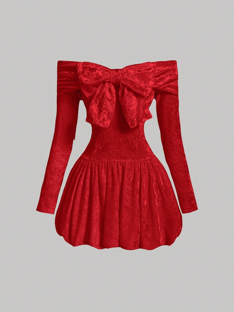 SHEIN MOD Women's White Velvet Bowknot Open Shoulder Long Sleeve Bubble Dress, Fall Women Dresses... | SHEIN