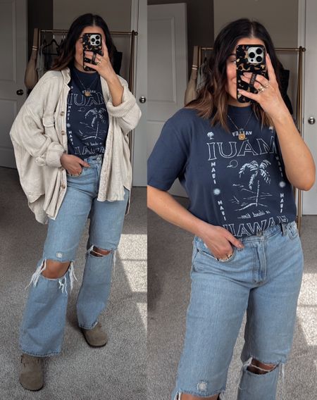 casual spring outfit! Use code AFSHORTS to get 15-20% off + 15% off my tee & jeans! Exact wash is sold out but linked others in the same style! Wearing 28 short, xs tee & jacket (size down one), Boston clogs tts 

#LTKsalealert #LTKunder100 #LTKSeasonal