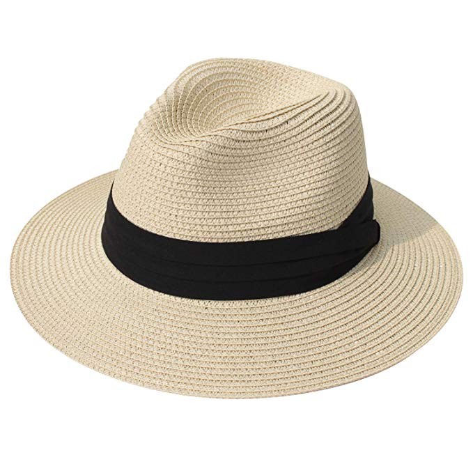 DRESHOW Women Straw Panama Hat Fedora Beach Sun Hat Wide Brim Straw Roll up Hat UPF 50+ | Amazon (US)