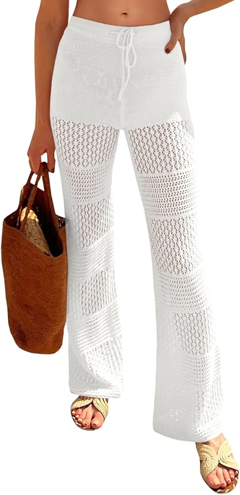 Saodimallsu Womens Beach Cover Up Pants Boho Crochet Knit High Waist Drawstring Sheer Hollow Swim... | Amazon (US)
