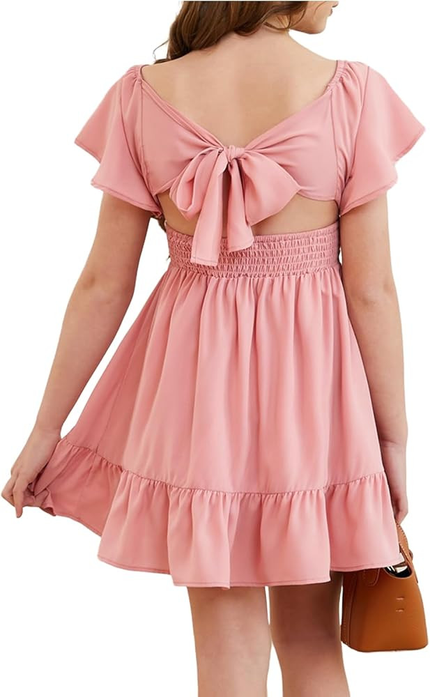 Girls Elegant Ruffle Short Sleeve Back Tie Dresses 6-13 Years Old | Amazon (US)