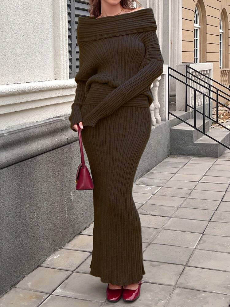 INAWLY Women Casual Loose Fit Asymmetrical Neck Sweater & Fishtail Hem Skirt 2 Pieces Set, Autumn... | SHEIN