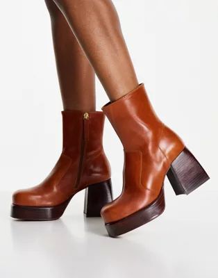 ASOS DESIGN Rowan premium leather platform heeled boots in tan | ASOS (Global)