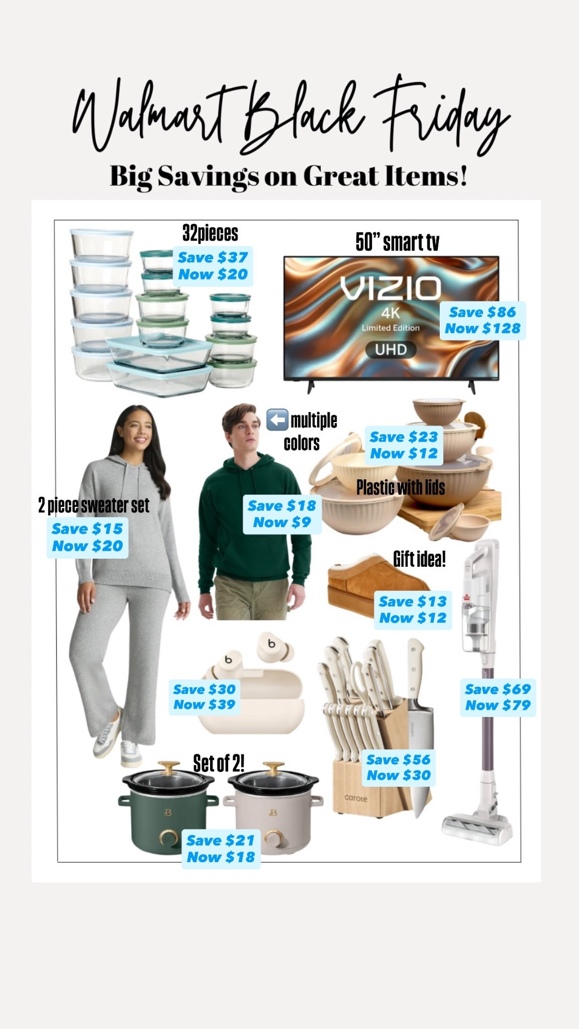 Walmart Black Friday
Mixing bowls
Glass storage containers
2 piece sweater set
Hanes hoodie
50” smart tv
Slippers
Stick vacuum 
Knife set
Slow cooker
Beats headphones 


#LTKHoliday #LTKHome #LTKGiftGuide