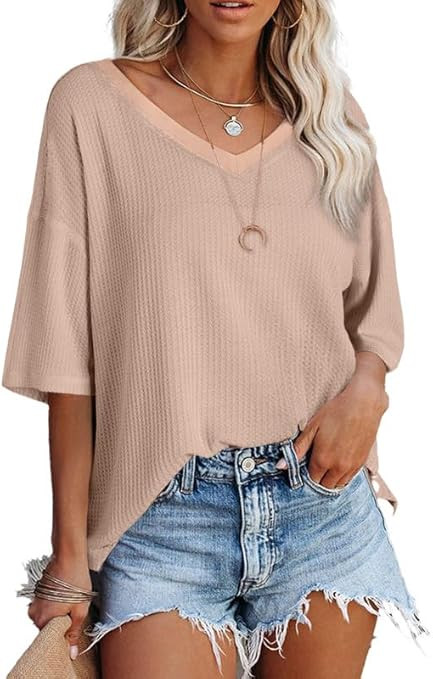SHEWIN Women's Casual V Neck Waffle Knit Tunic Tops Batwing Short Sleeve Shirts Loose Blouses | Amazon (US)