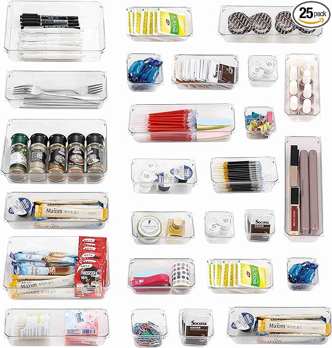 Cq acrylic 25 PCS Clear Drawer Organizers Set,4 Sizes Plastic Vanity Drawer Organizers and Storag... | Amazon (US)