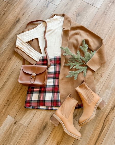 Christmas outfit ideas. plaid mini skirt. Coatigan. Brown sock boot/z 

#LTKHoliday #LTKSeasonal #LTKxPrime